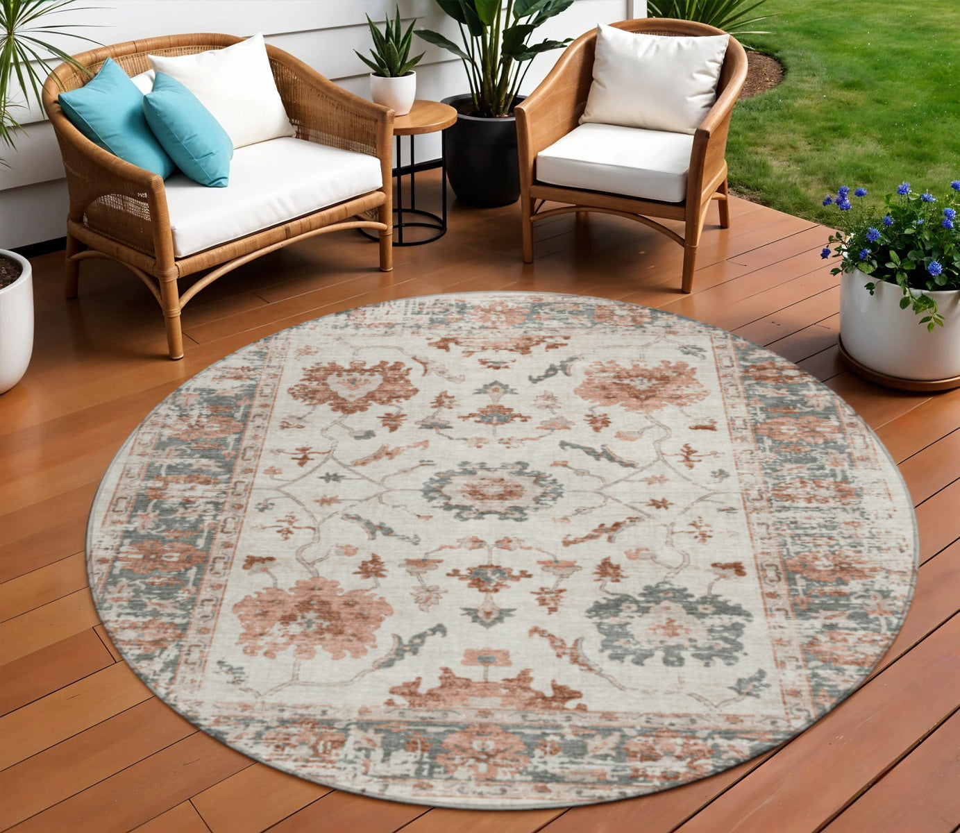 8' Linen And Ivory Round Floral Washable Indoor Outdoor Area Rug