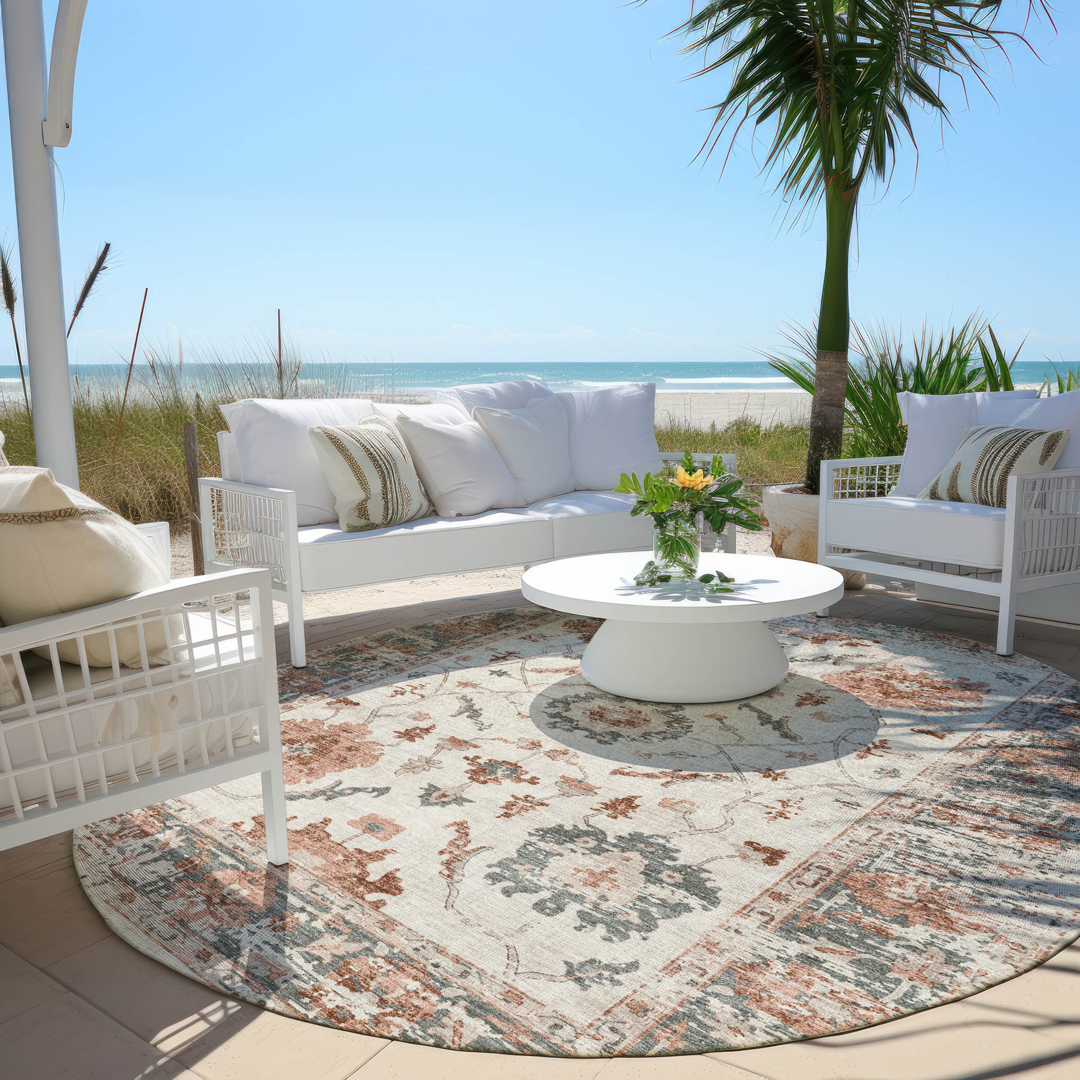 8' Linen And Ivory Round Floral Washable Indoor Outdoor Area Rug