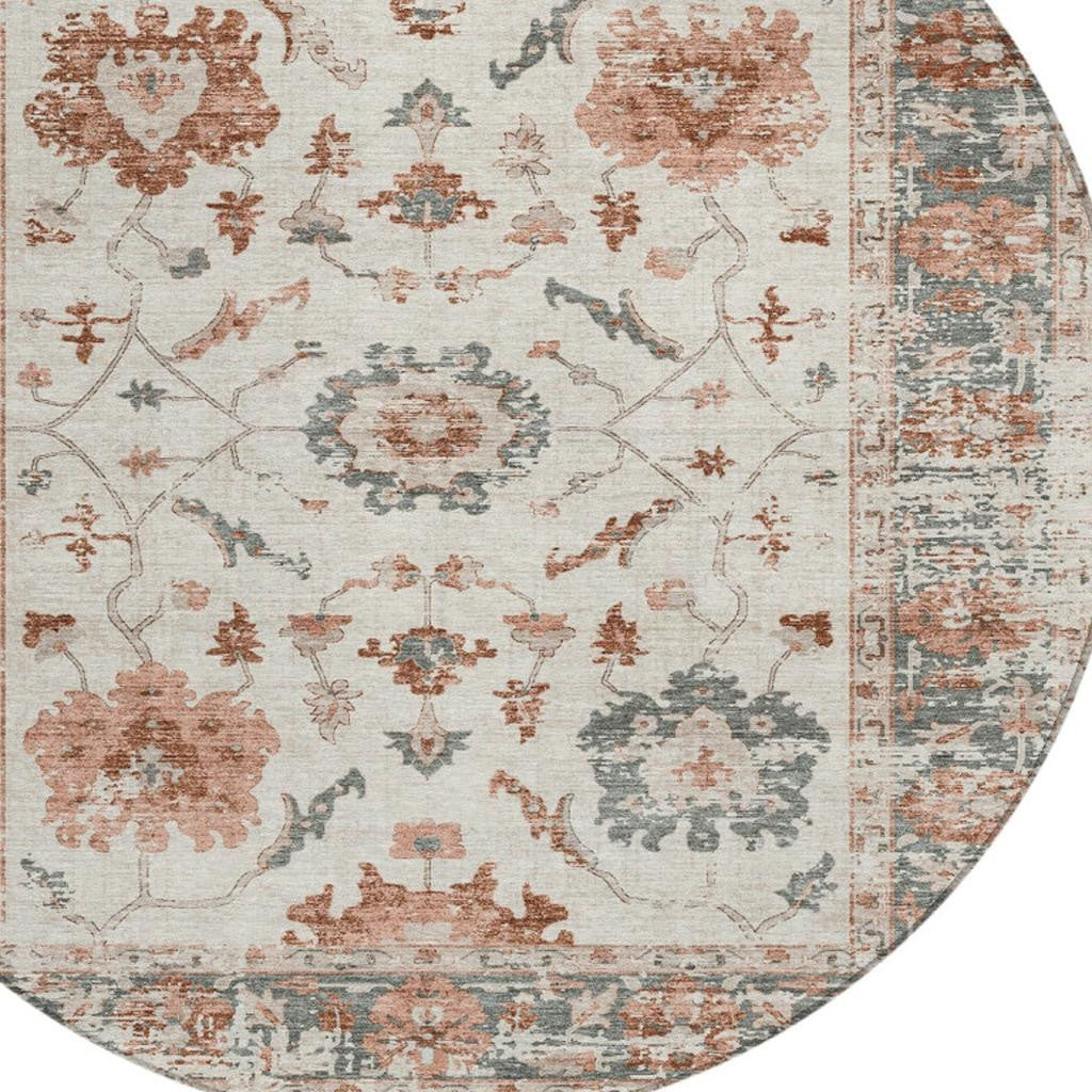 8' Linen And Ivory Round Floral Washable Indoor Outdoor Area Rug