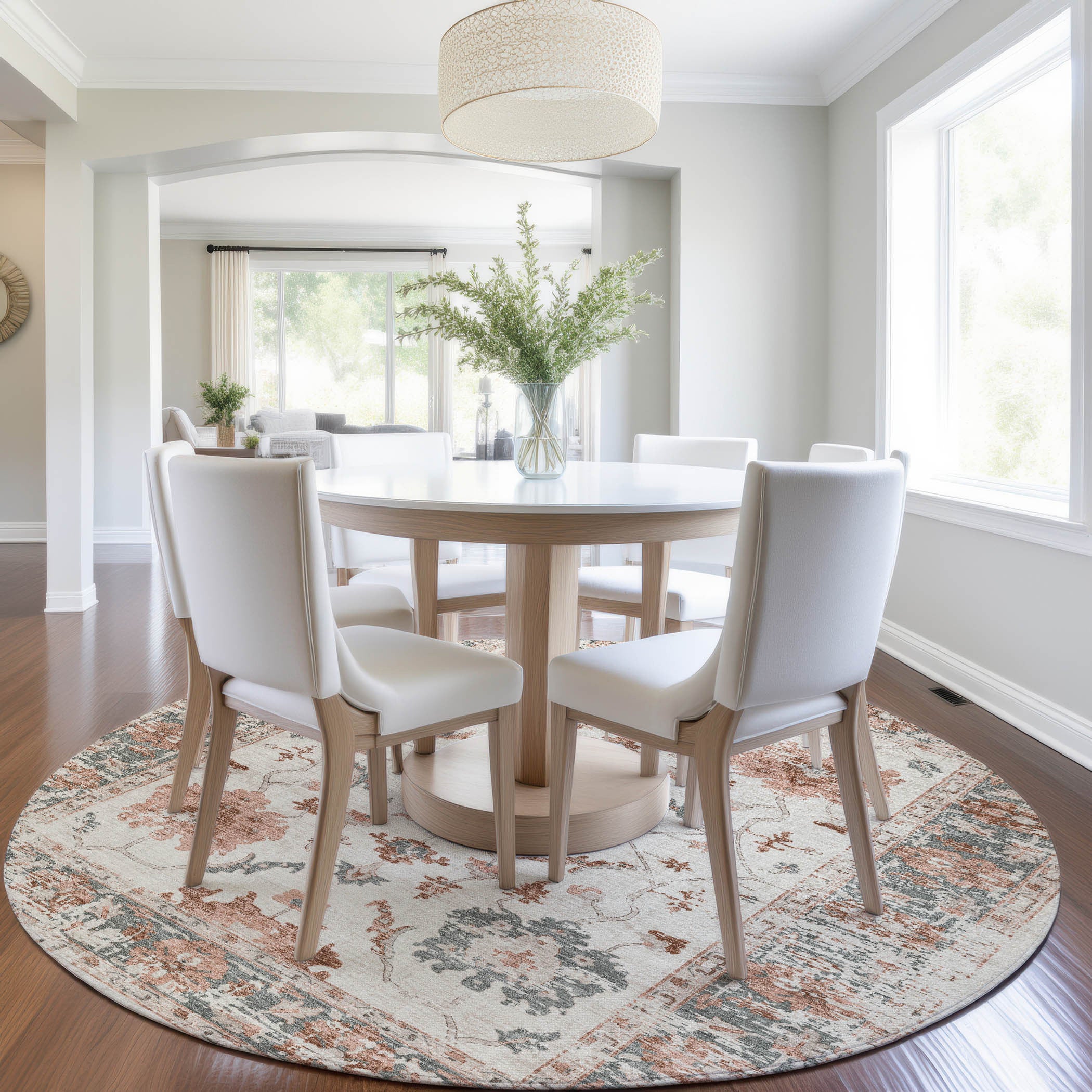 8' Linen And Ivory Round Floral Washable Indoor Outdoor Area Rug