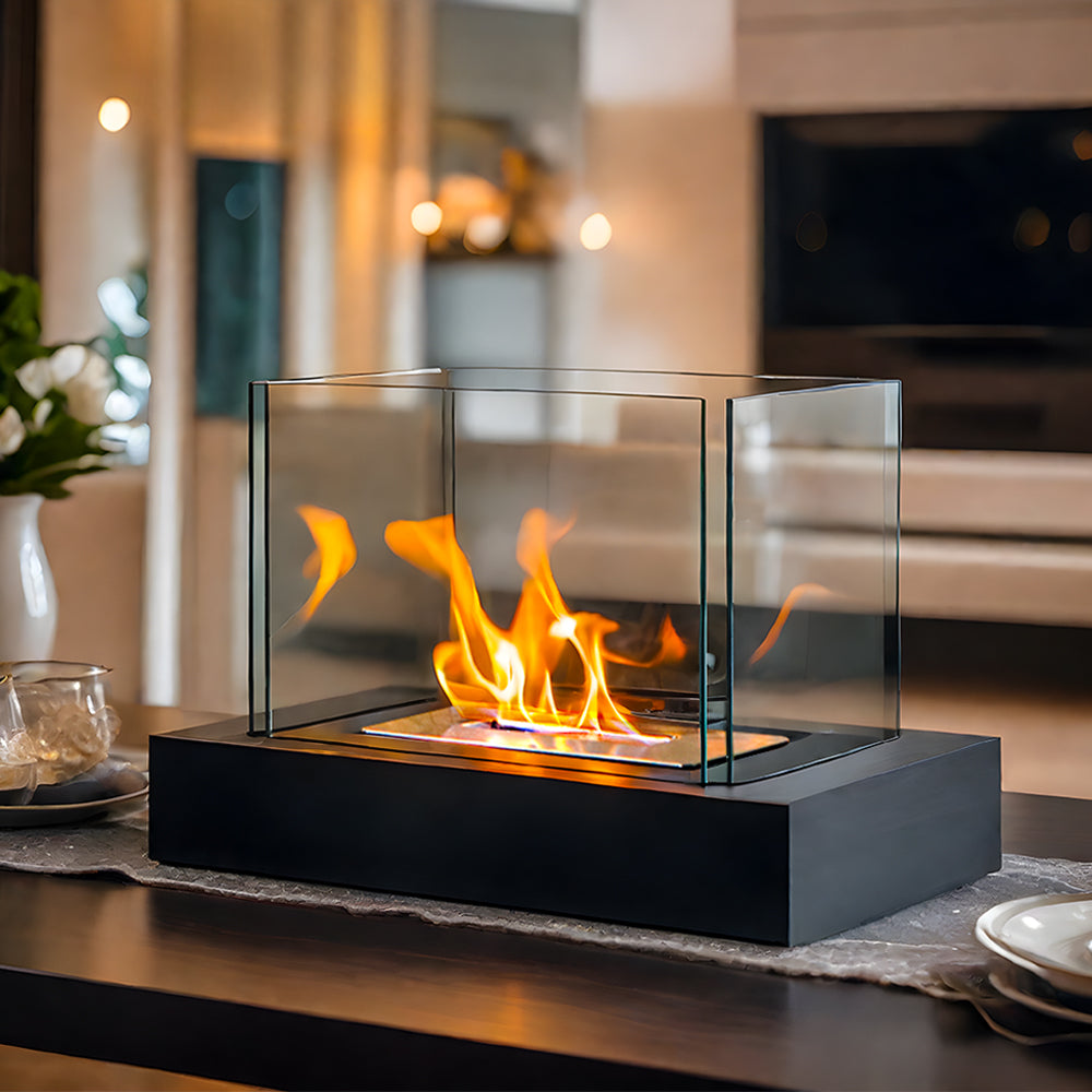 360° View Rectangular Tabletop Fire Bowl | Four-Sided Glass Bio-Ethanol Fire Pit for Patio, Deck & Indoor Decor | Modern Ventless Fireplace