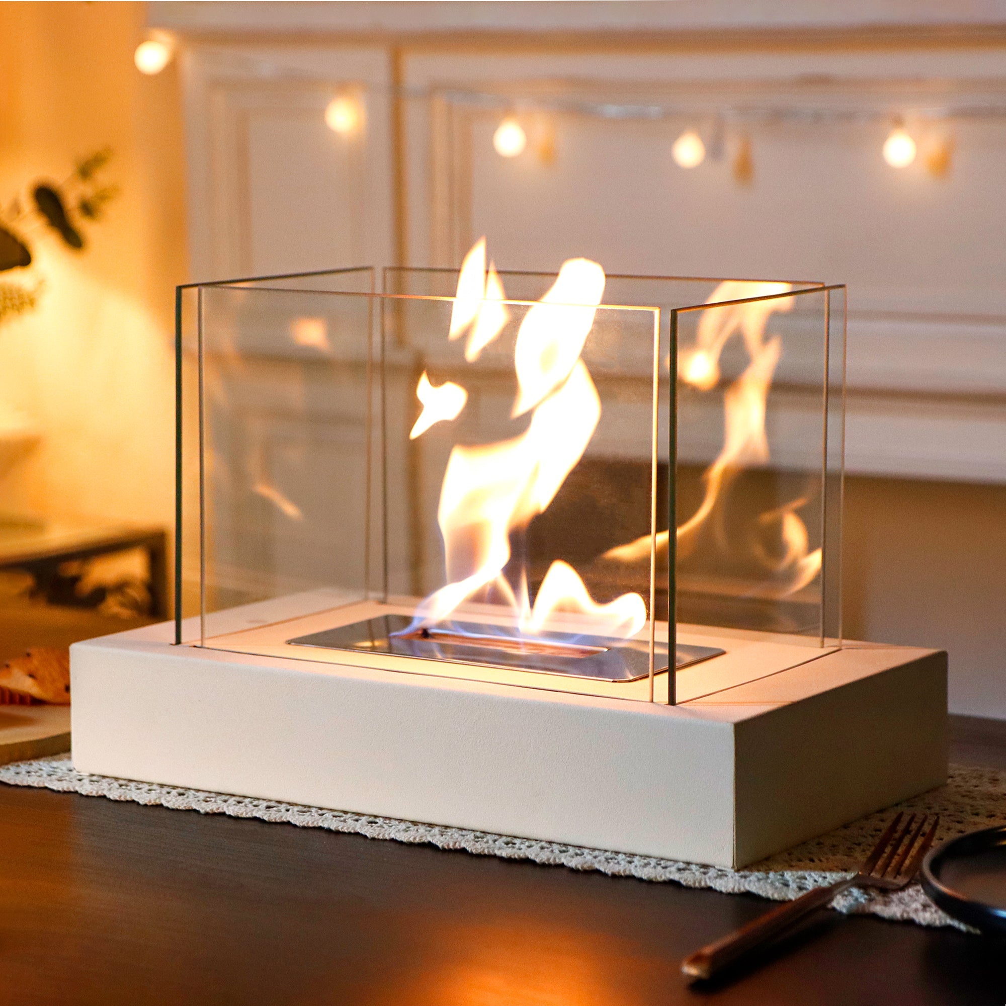 360° View Rectangular Tabletop Fire Bowl | Four-Sided Glass Bio-Ethanol Fire Pit for Patio, Deck & Indoor Decor | Modern Ventless Fireplace