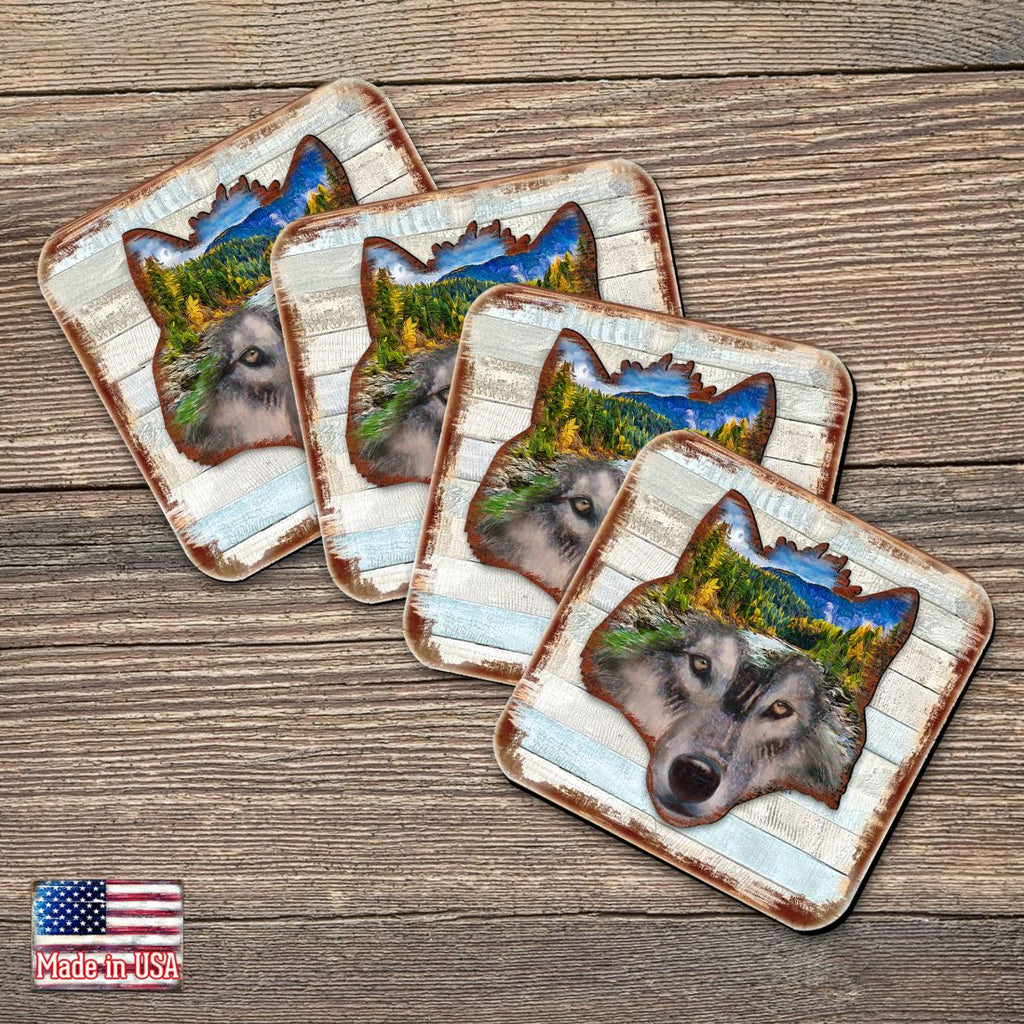 Wolf Face Wooden Cork Coasters Gift Set of 4 by Nature Wonders - Nature Wildlife Decor  - 8198227-4-9C-S4