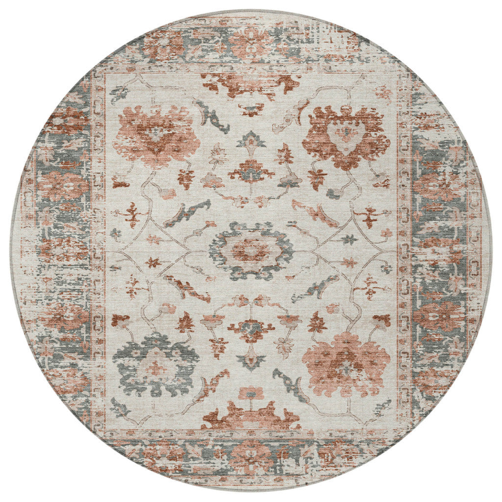 8' Linen And Ivory Round Floral Washable Indoor Outdoor Area Rug