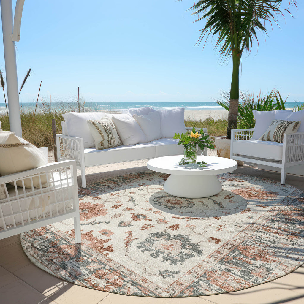 8' Linen And Ivory Round Floral Washable Indoor Outdoor Area Rug