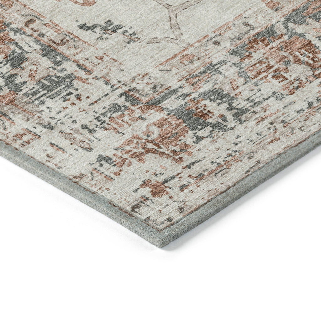 8' Linen And Ivory Round Floral Washable Indoor Outdoor Area Rug
