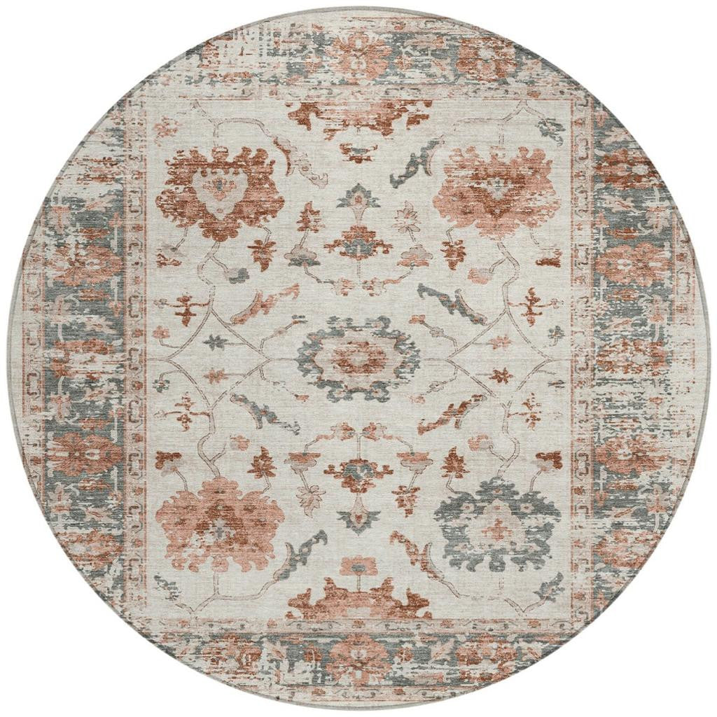 8' Linen And Ivory Round Floral Washable Indoor Outdoor Area Rug