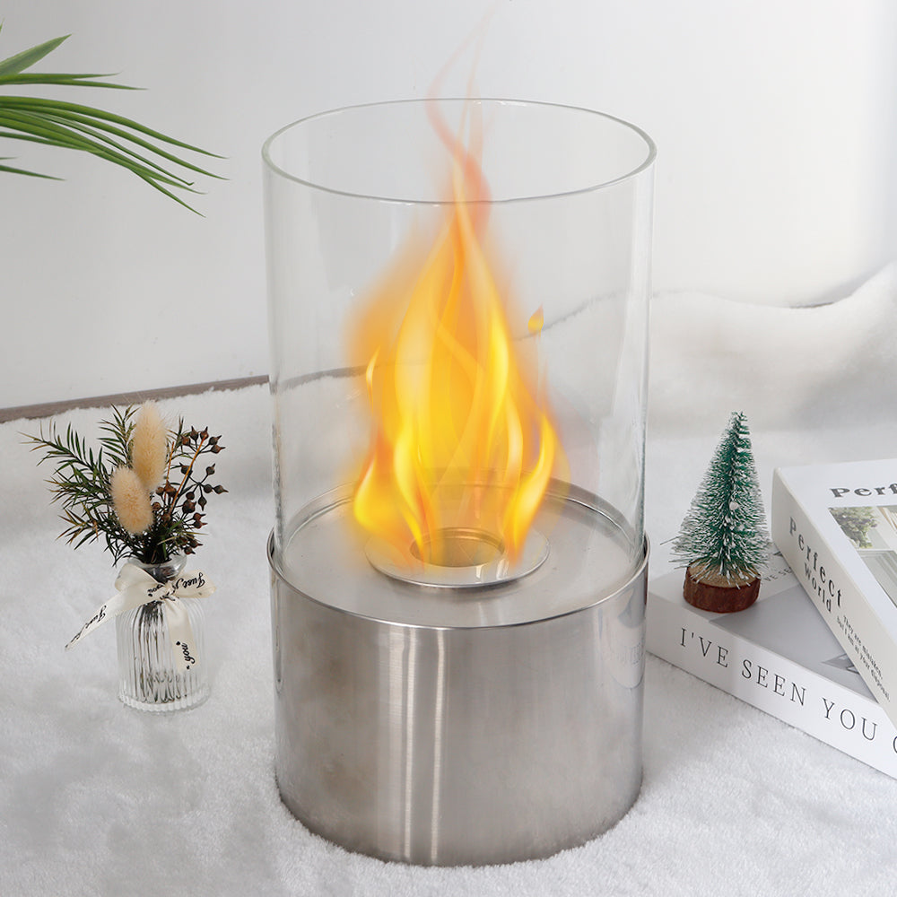 JHY DESIGN Tabletop Fire Bowl 29cm H – Bio Ethanol, Ventless, Cylindrical Glass, Indoor/Outdoor