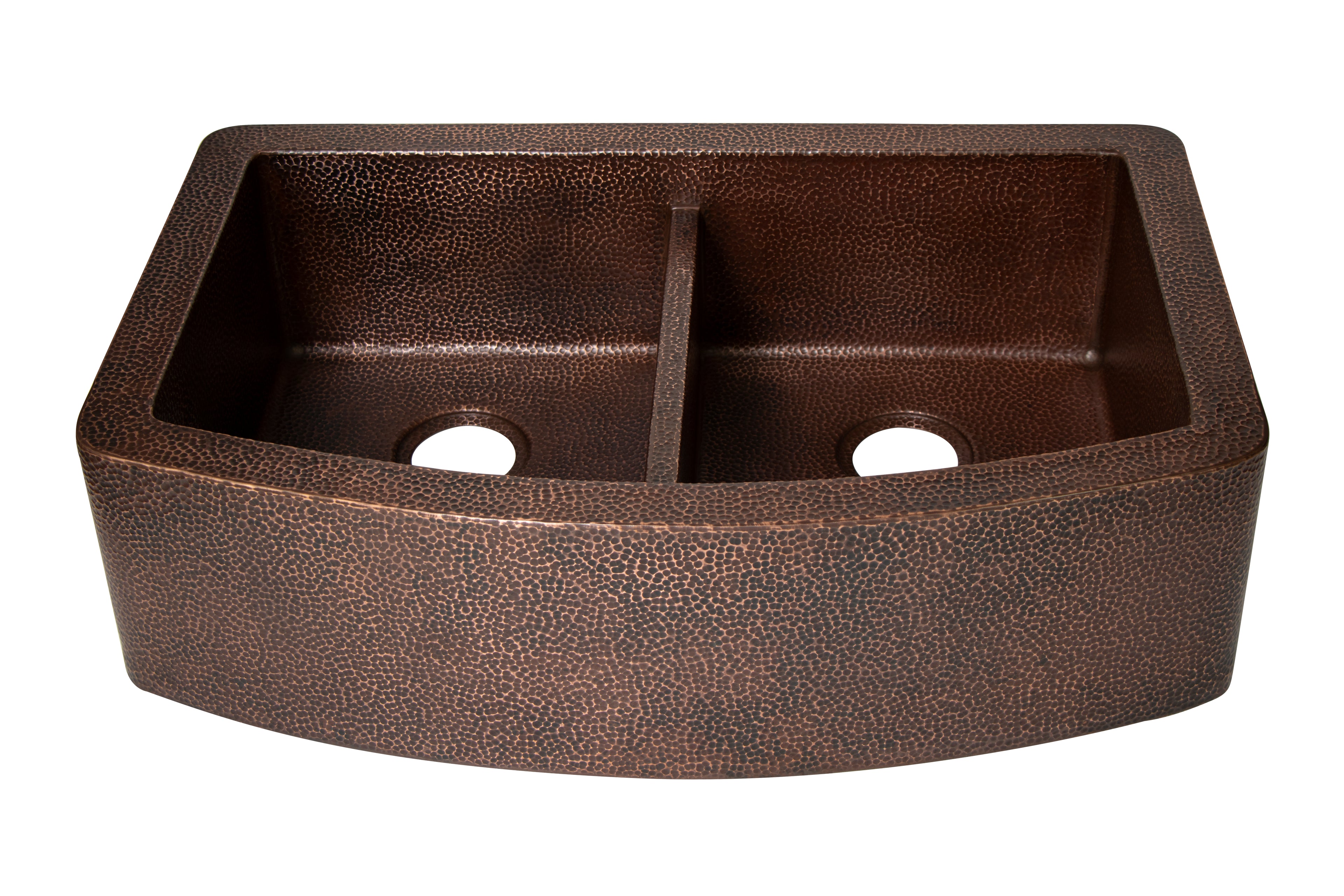 33" Farmhouse Double Well 50/50 Plain Round Apron Hammered Copper Kitchen Sink